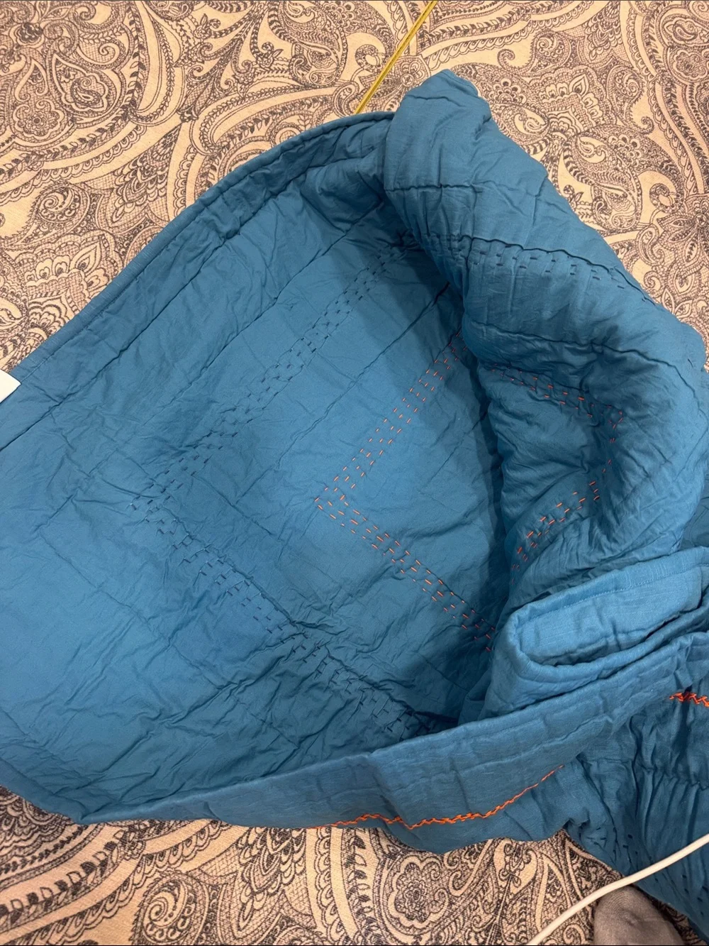 Crate and Barrel Kids blue with Orange Stitching twin quilt & John robshaw